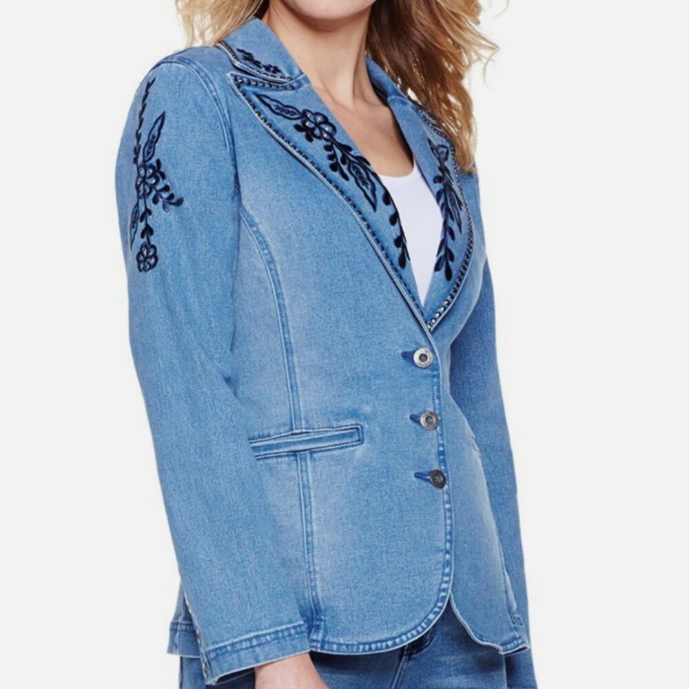 DG2 by Diane Gilman Light Blue Denim Jacket with Navy Embroidery
